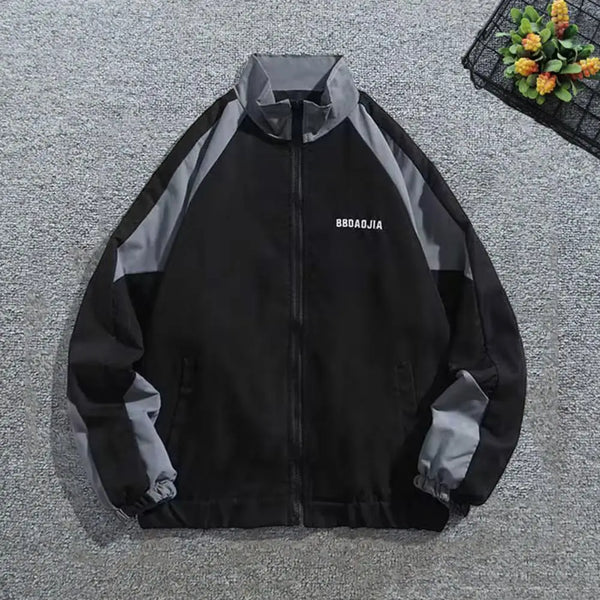 Men's Stand Collar Long Sleeve Windbreaker Jacket - Casual Spring Sports Outerwear with Color Block Design and Front Pockets